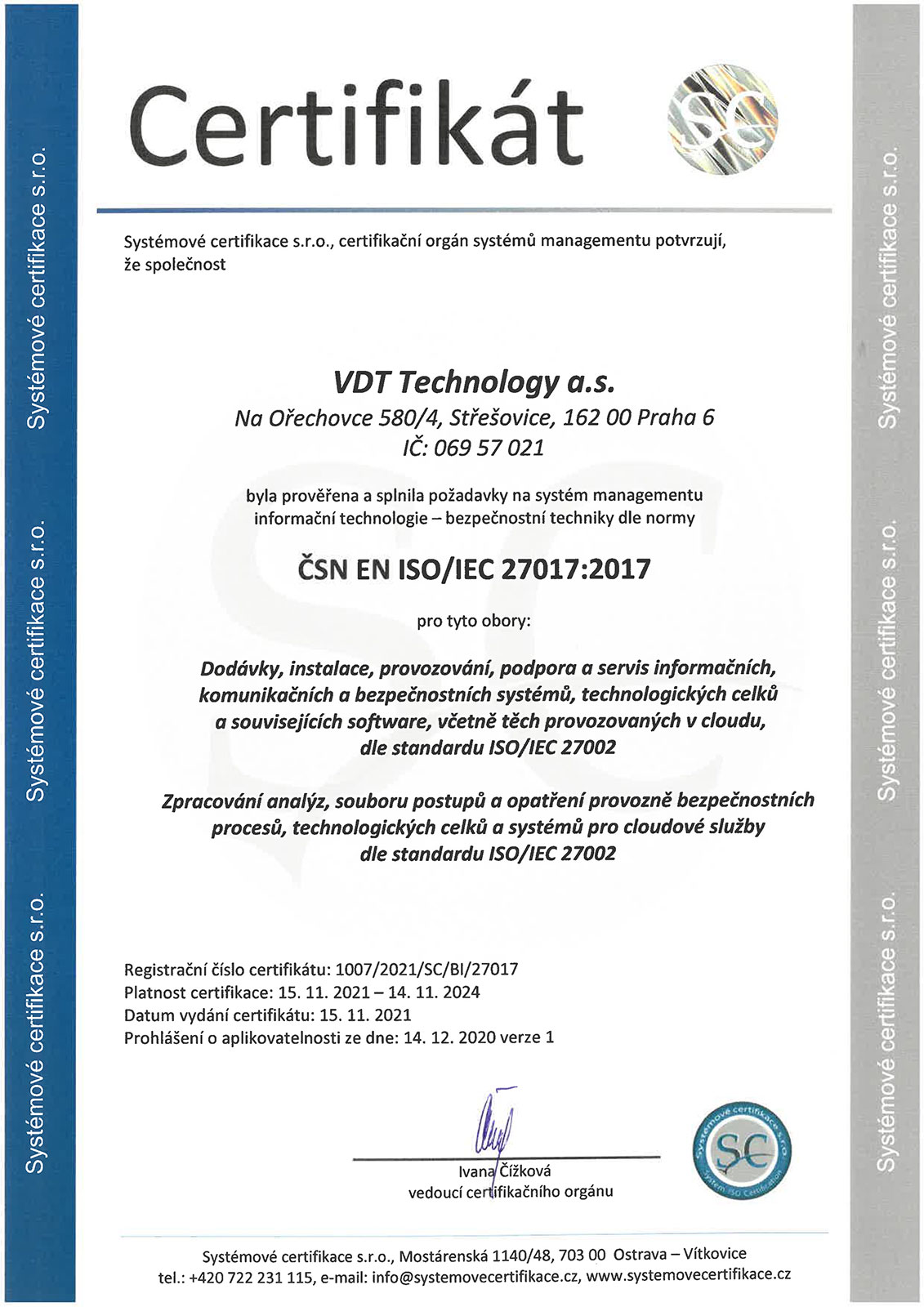 Certifikát ČSN EN ISO/IEC 27017:2017