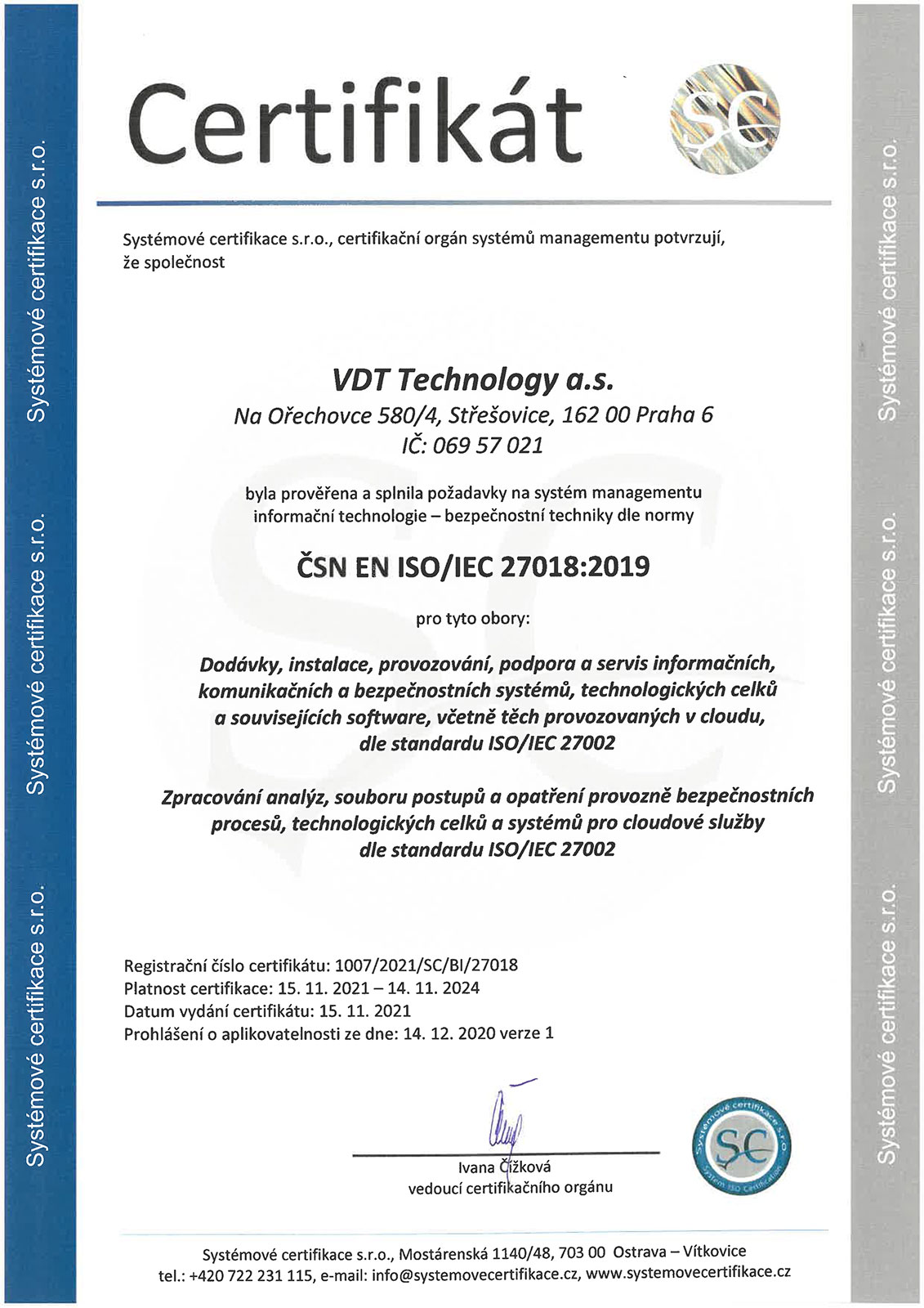 Certifikát ČSN EN ISO/IEC 27018:2019