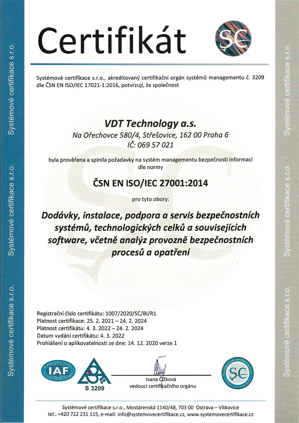 Certificate ČSN EN ISO/IEC 27001:2014